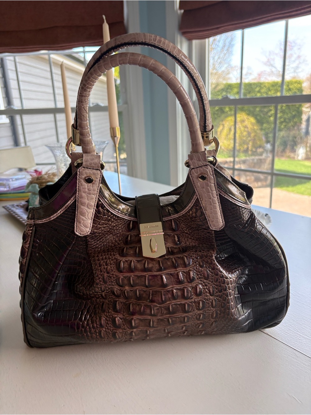 Brahmin Brown Croc-Embossed Leather Tote with Gold Hardware